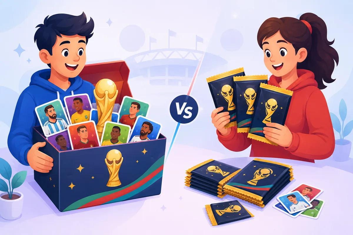 Panini World Cup 2026 sticker box compared with loose packs