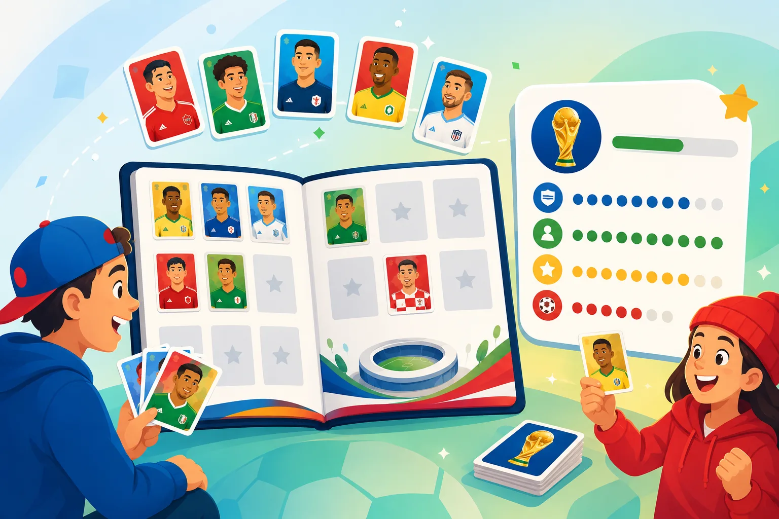 Two young collectors filling a Panini World Cup 2026 sticker album and tracking completion on a progress card