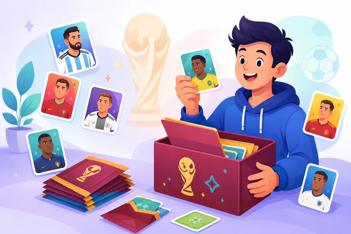 A collector opening a Panini World Cup 2026 sticker box, pulling player cards from sealed packs